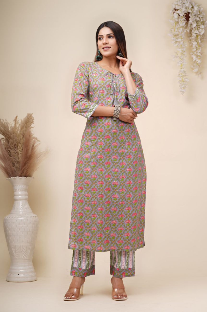 cotton printed kurti pant set