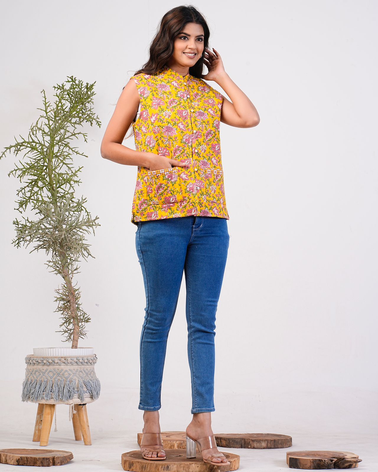 Yellow Petal Paradise Reversible Half Jacket