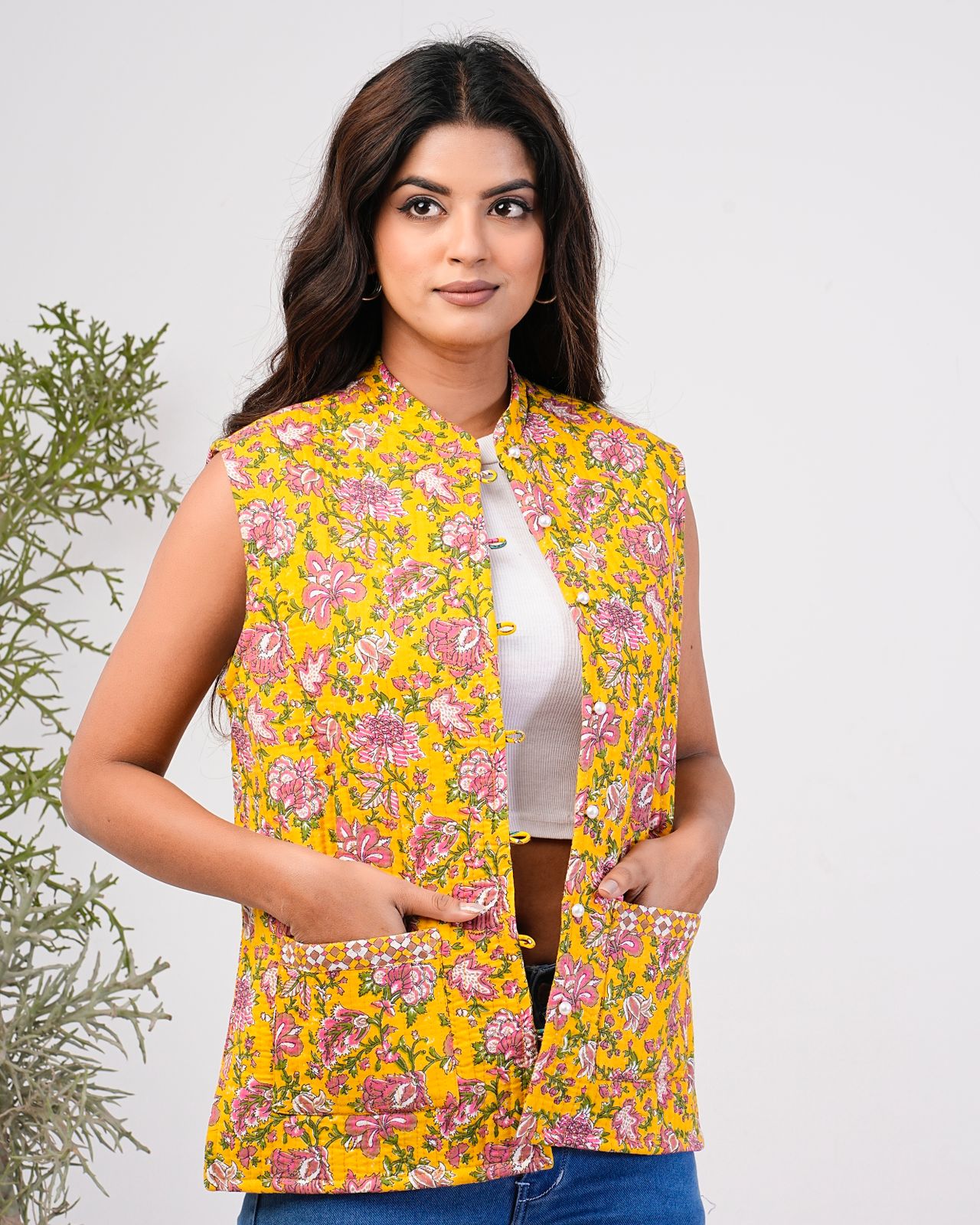 Yellow Petal Paradise Reversible Half Jacket
