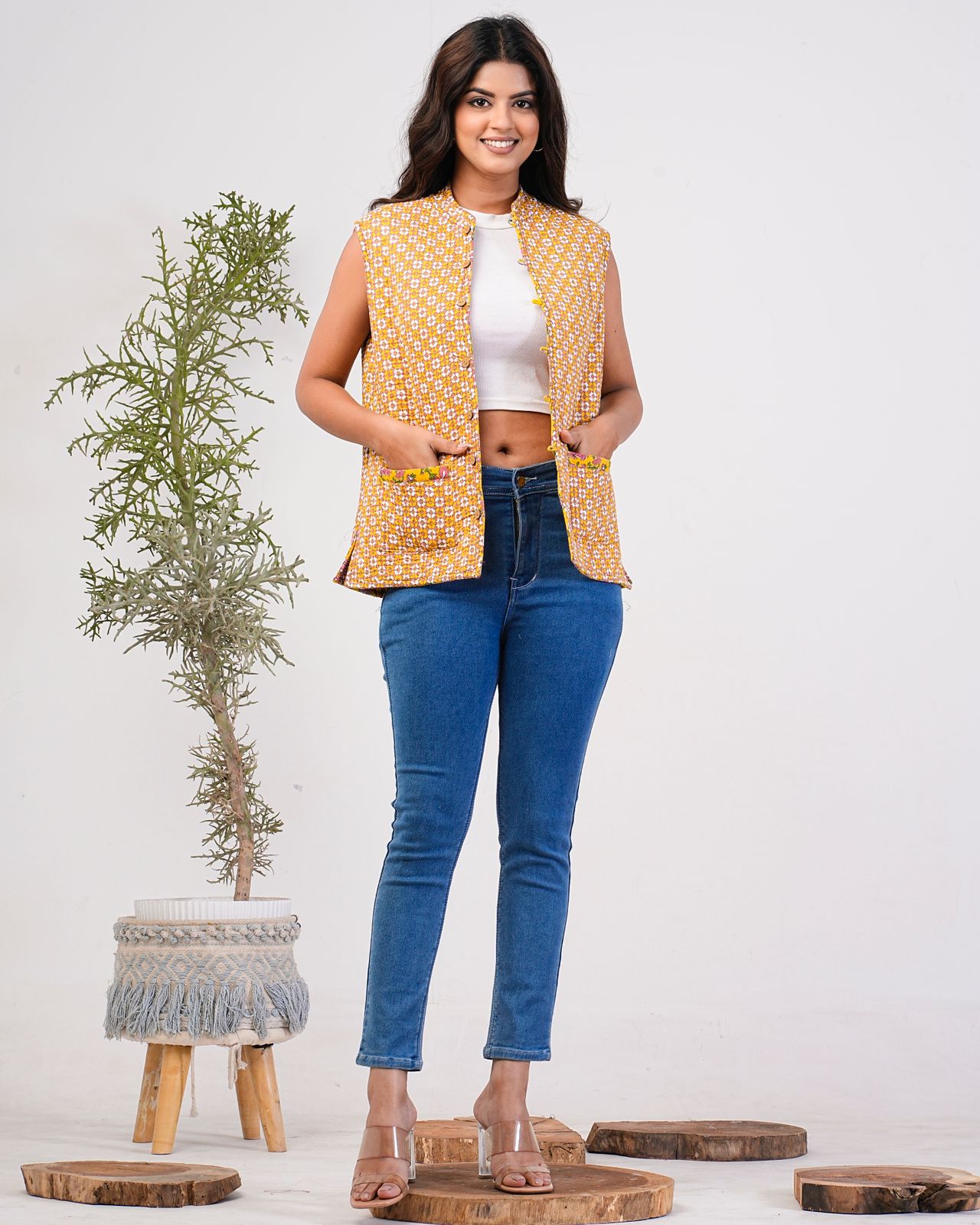 Yellow Petal Paradise Reversible Half Jacket