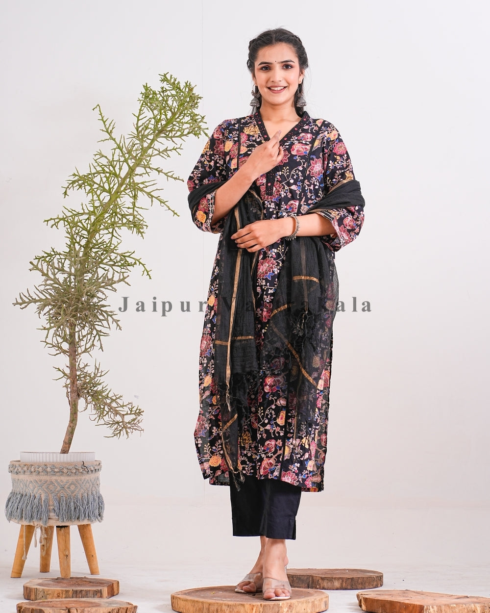 Midnight Black Petal Kota Doriya Dupatta Suit