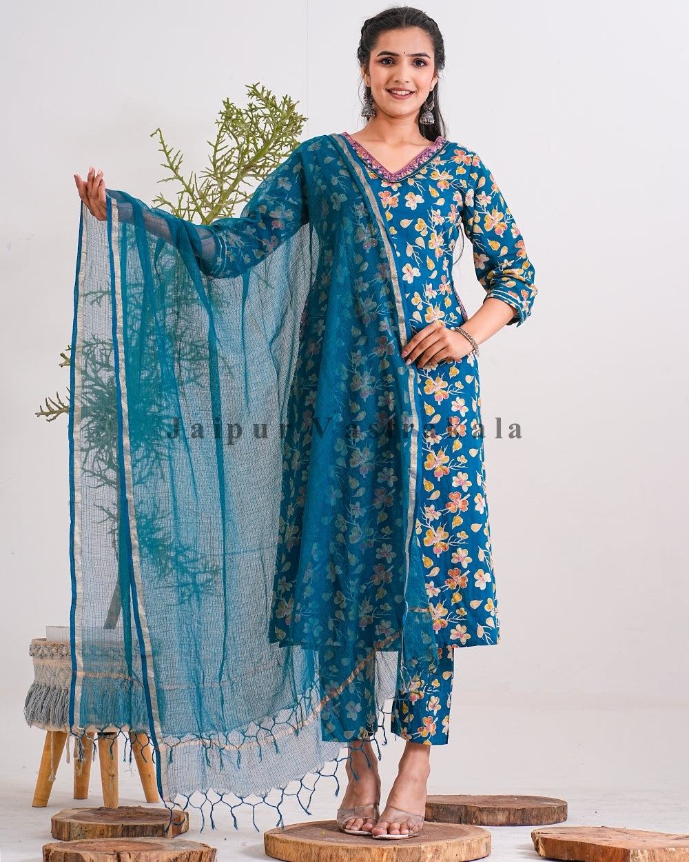 Turquoise Petal Kota Doriya Dupatta Suit