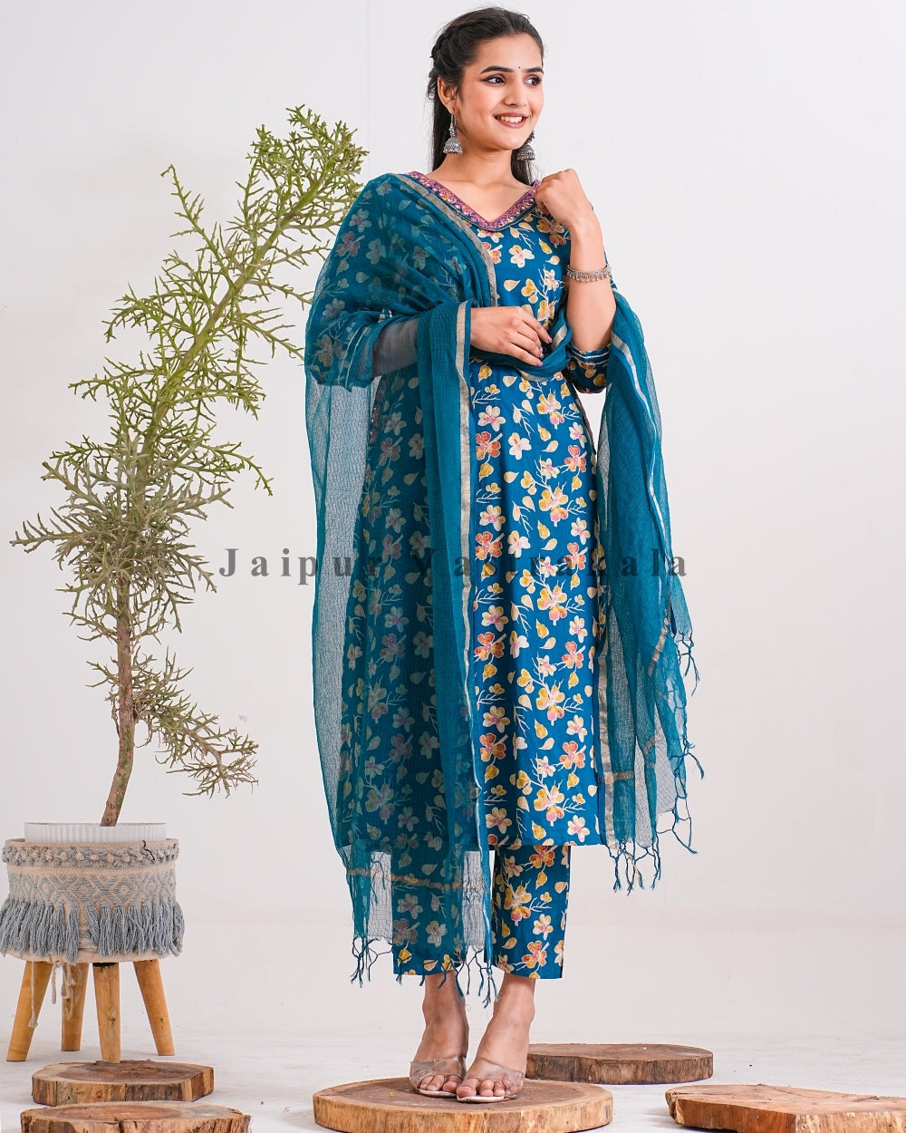 Turquoise Petal Kota Doriya Dupatta Suit