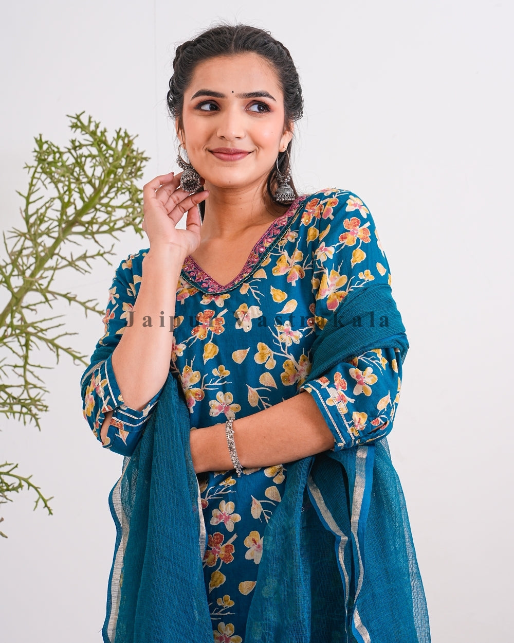 Turquoise Petal Kota Doriya Dupatta Suit