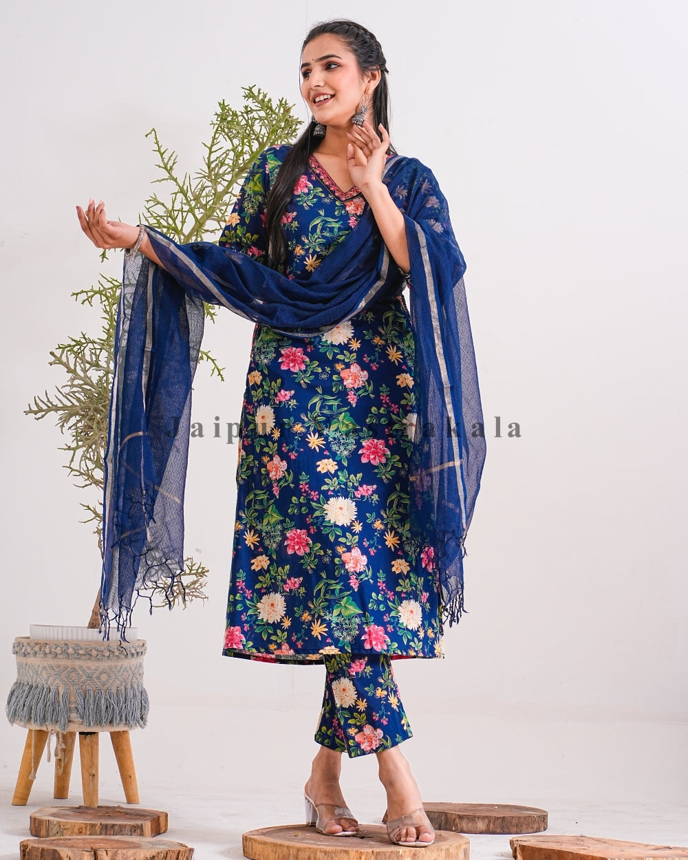 Blue Floral Retreat Kota Doriya Dupatta Suit