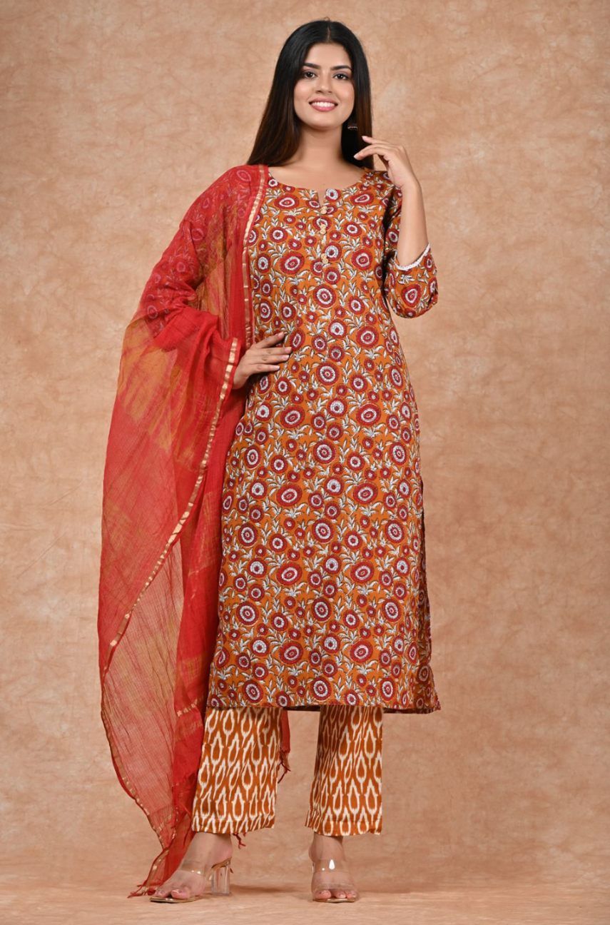 hand block printed kurta set with dupatta