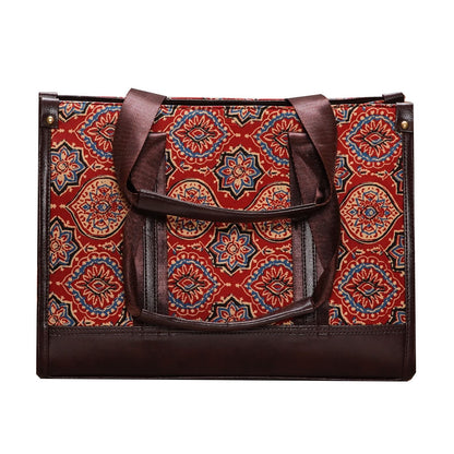 Red Ajrakh Leather Finish Laptop Bag