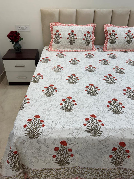 Orange Fern Boota King Bedsheet with Pillow Covers