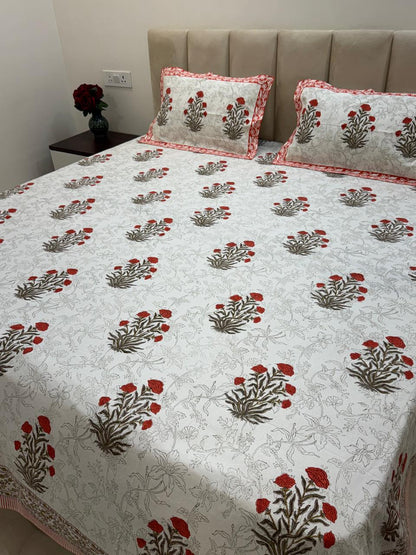 Orange Fern Boota King Bedsheet with Pillow Covers