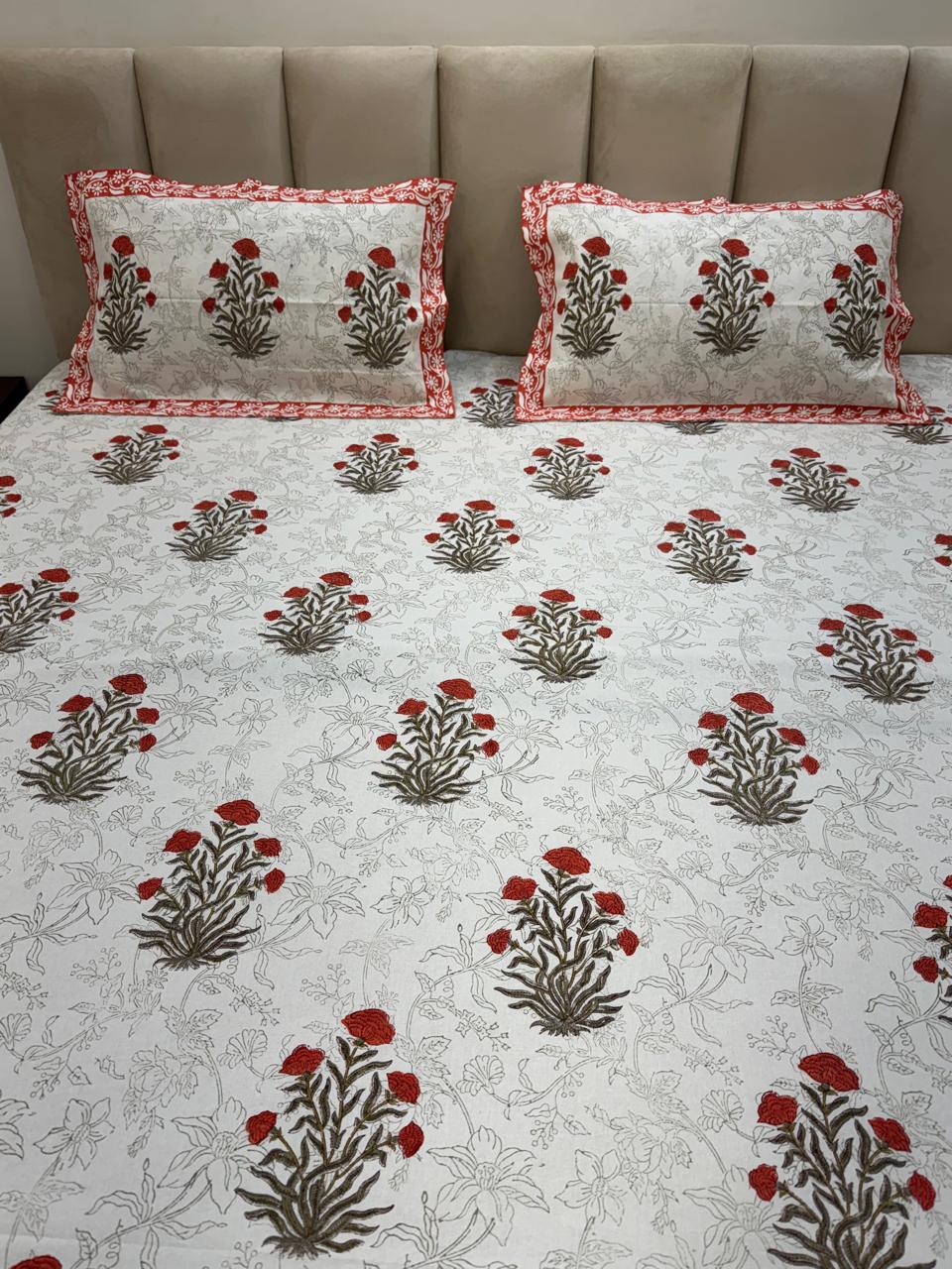 Orange Fern Boota King Bedsheet with Pillow Covers