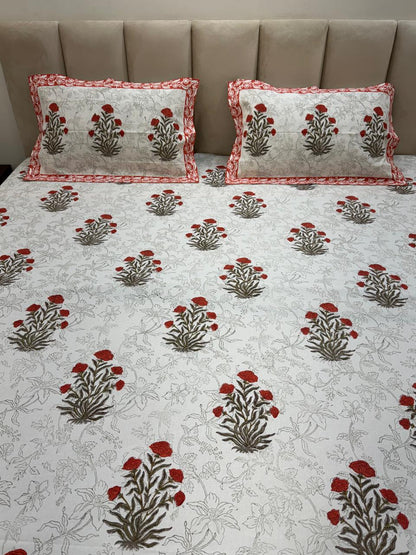 Orange Fern Boota King Bedsheet with Pillow Covers