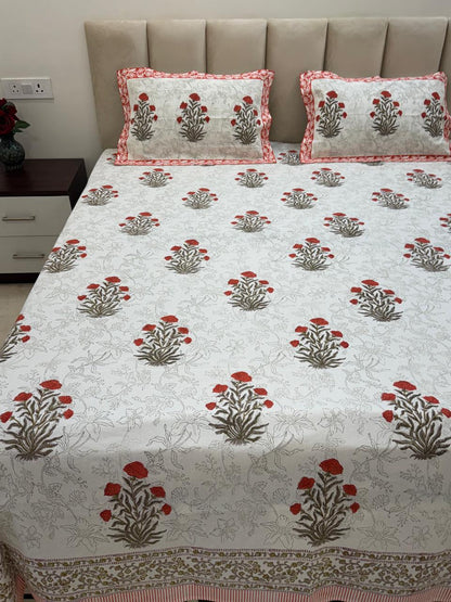 Orange Fern Boota King Bedsheet with Pillow Covers