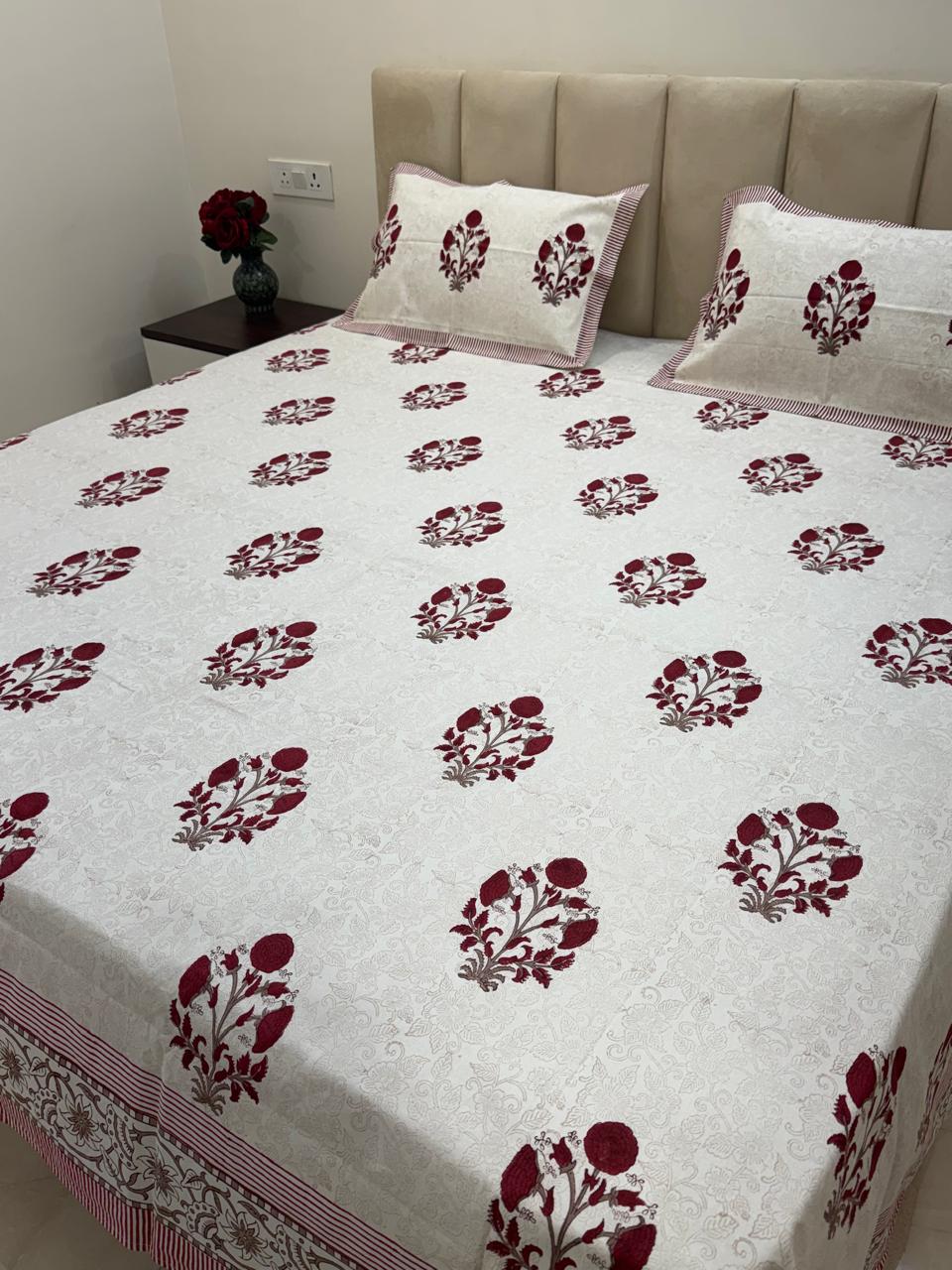 Maroon Boota King Bedsheet with Pillow Covers