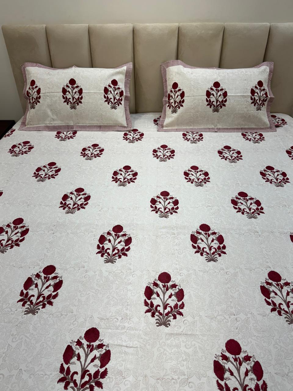 Maroon Boota King Bedsheet with Pillow Covers