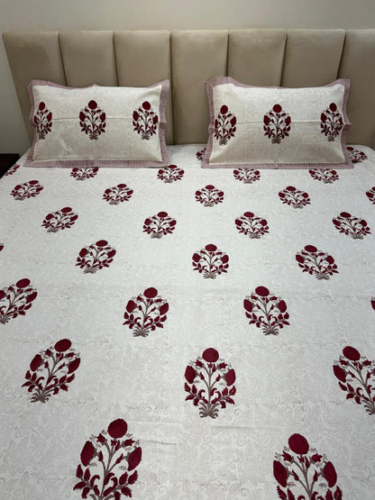 Maroon Boota King Bedsheet with Pillow Covers