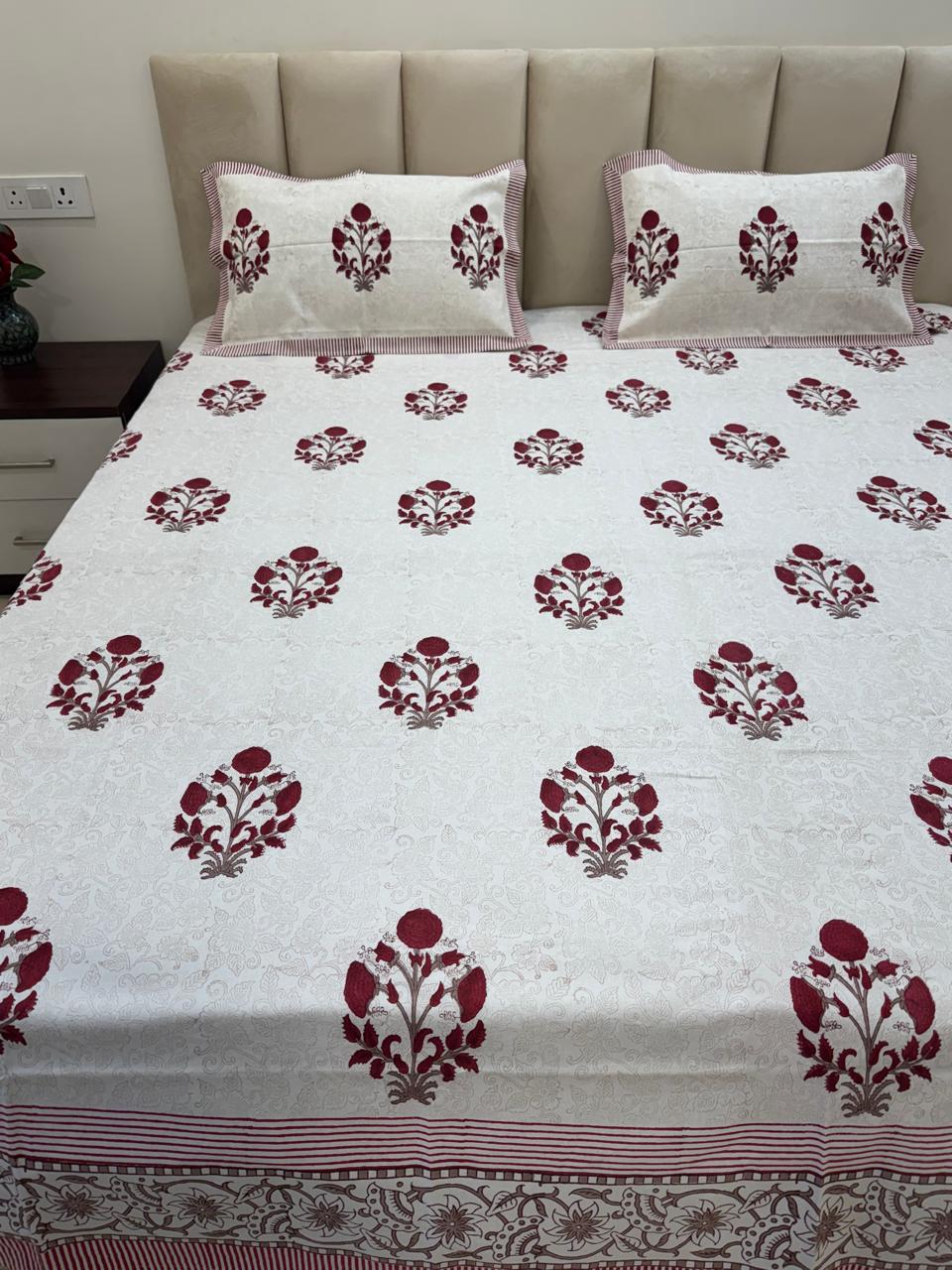 Maroon Boota King Bedsheet with Pillow Covers