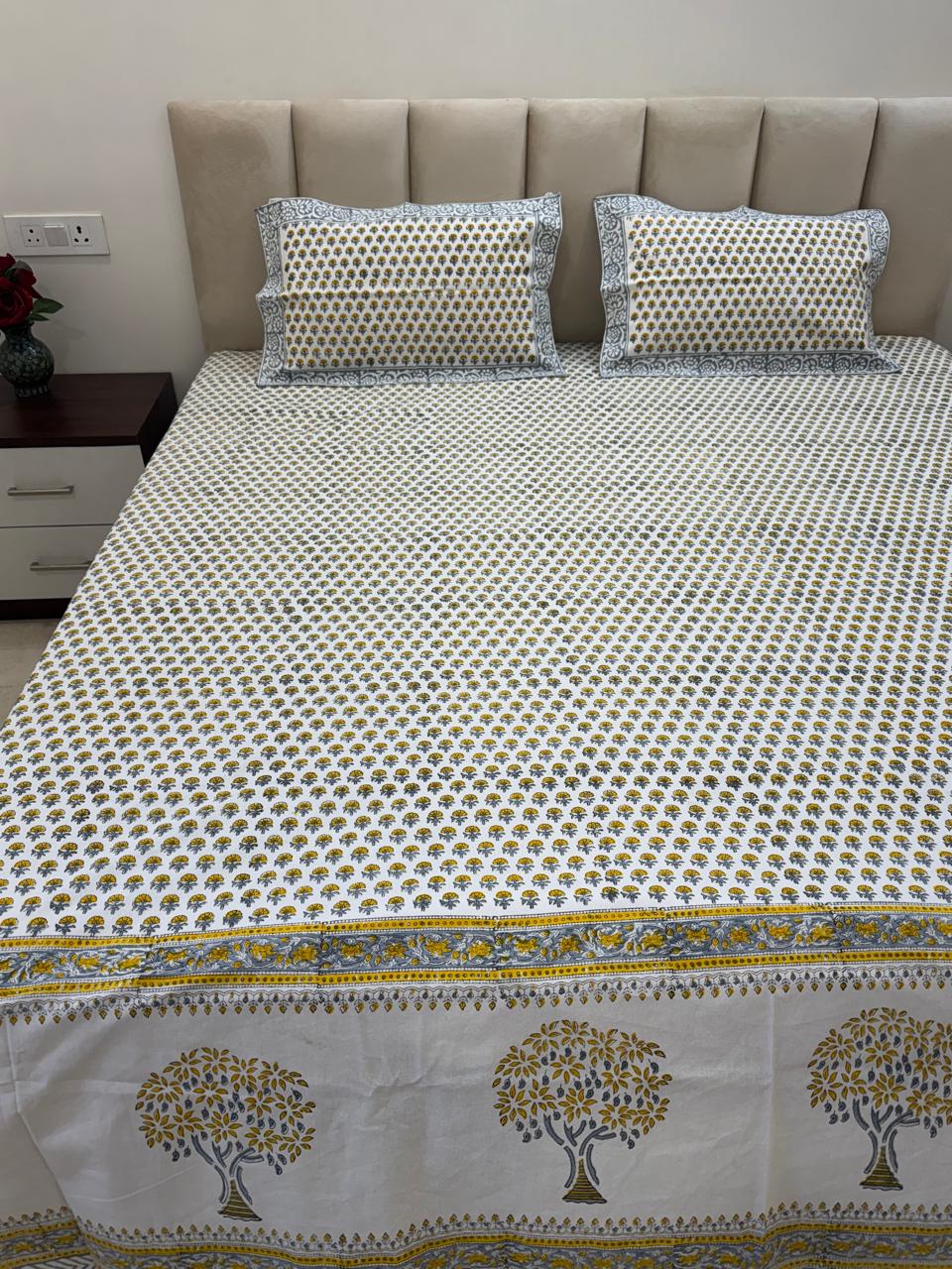 Yellow Gray Buds King Bedsheet with Pillow Covers