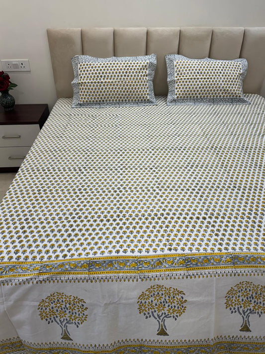 Yellow Gray Buds King Bedsheet with Pillow Covers