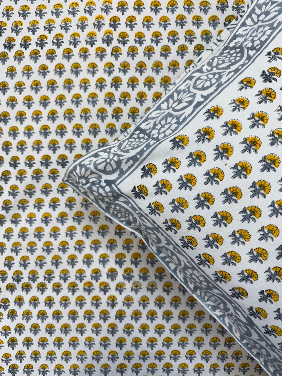 Yellow Gray Buds King Bedsheet with Pillow Covers