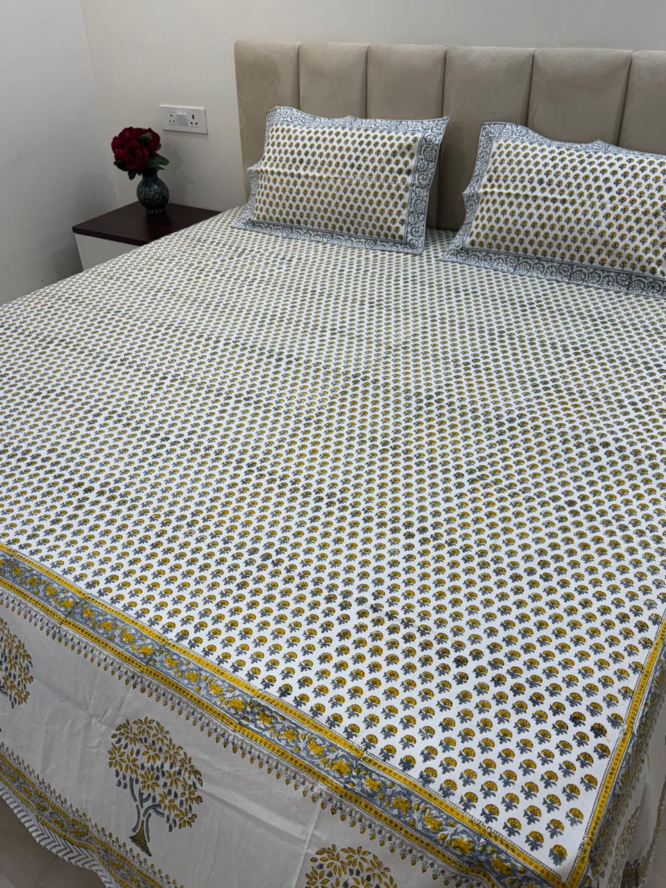 Yellow Gray Buds King Bedsheet with Pillow Covers