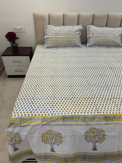 Yellow Gray Buds King Bedsheet with Pillow Covers