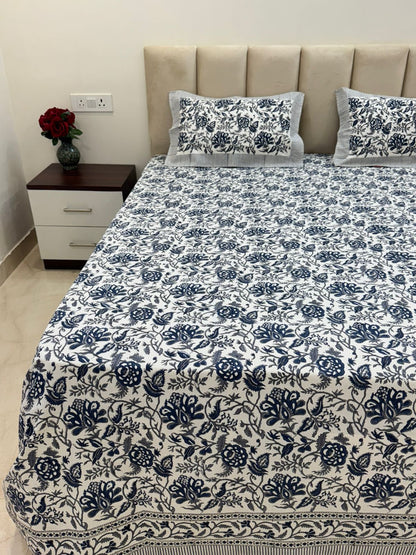 Deep Blue Flora King Bedsheet with Pillow Covers