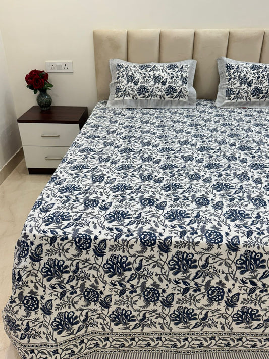 Deep Blue Flora King Bedsheet with Pillow Covers