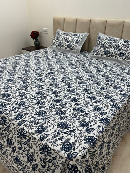 Deep Blue Flora King Bedsheet with Pillow Covers