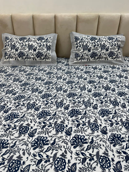 Deep Blue Flora King Bedsheet with Pillow Covers