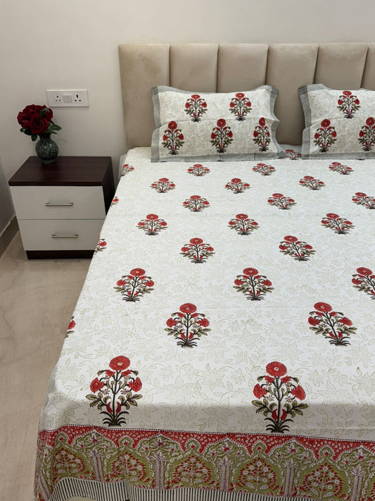 Orange Pushp Boota King Bedsheet with Pillow Covers
