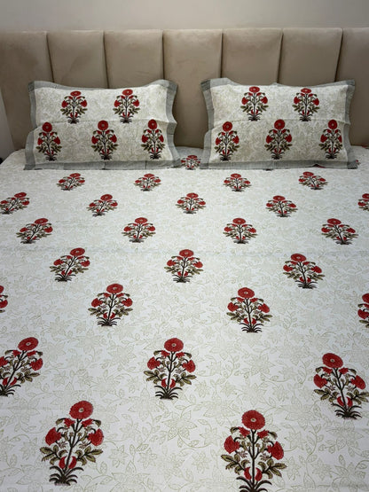 Orange Pushp Boota King Bedsheet with Pillow Covers