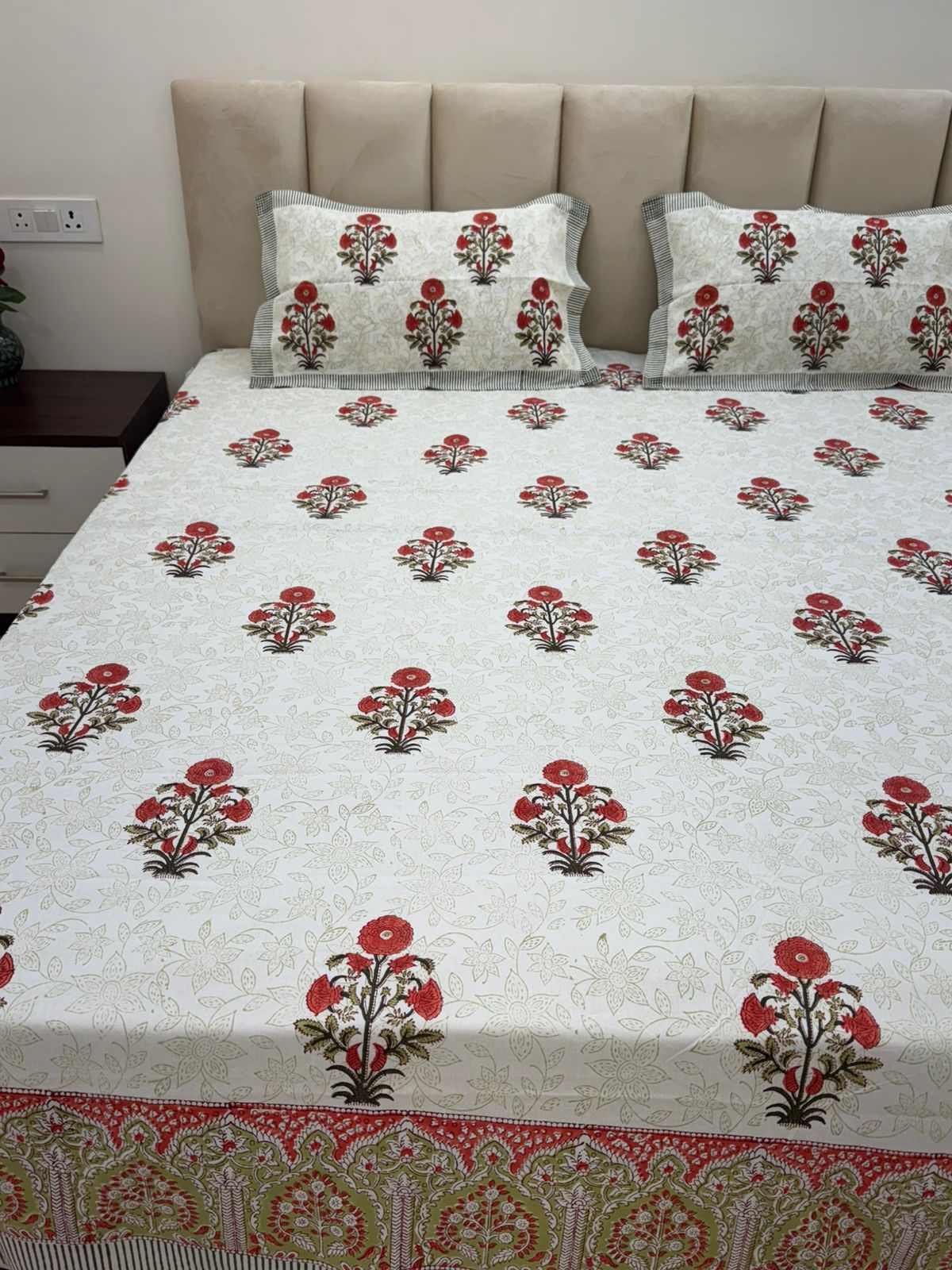 Orange Pushp Boota King Bedsheet with Pillow Covers