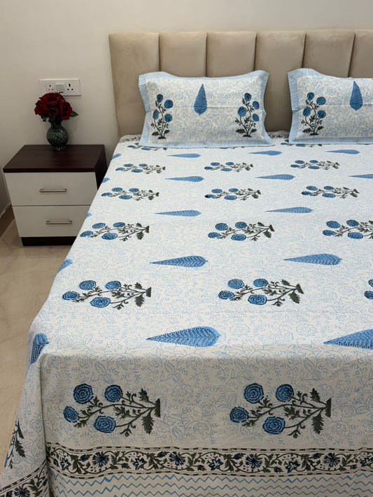 Blue Boota Bloom King Bedsheet with Pillow Covers
