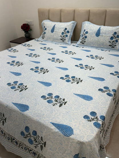 Blue Boota Bloom King Bedsheet with Pillow Covers