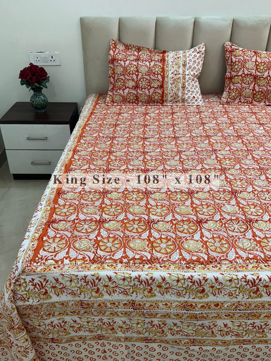 Orange Vatika King Bedsheet with Pillow Covers