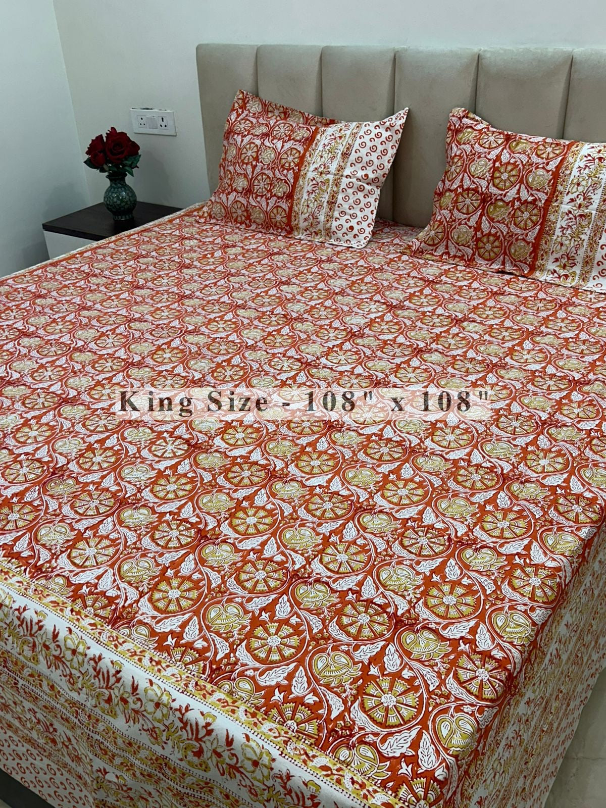 Orange Vatika King Bedsheet with Pillow Covers
