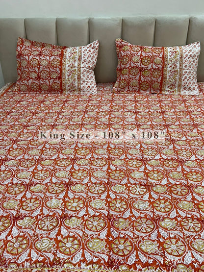 Orange Vatika King Bedsheet with Pillow Covers