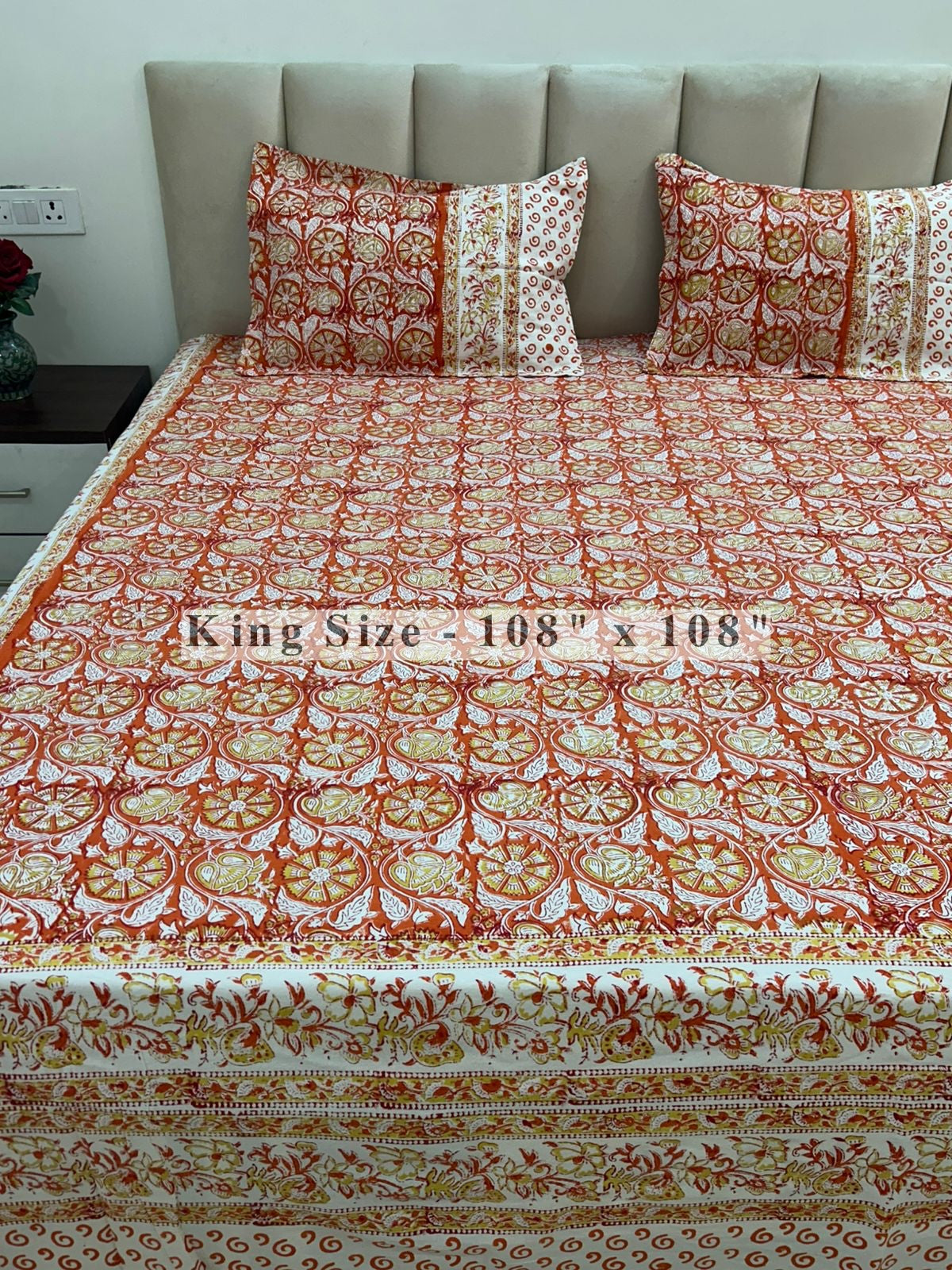 Orange Vatika King Bedsheet with Pillow Covers