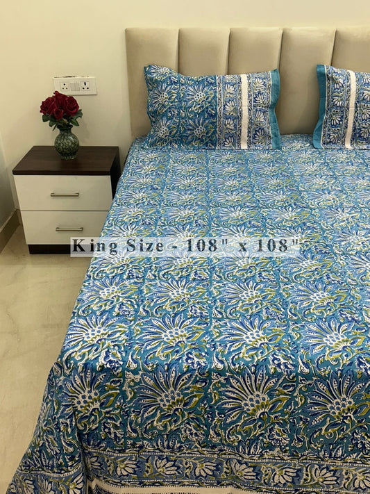 Blue Ferns King Bedsheet with Pillow Covers