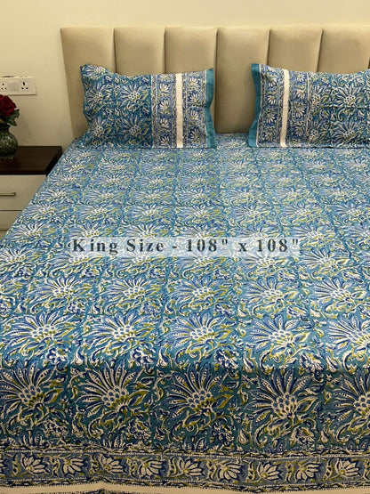 Blue Ferns King Bedsheet with Pillow Covers