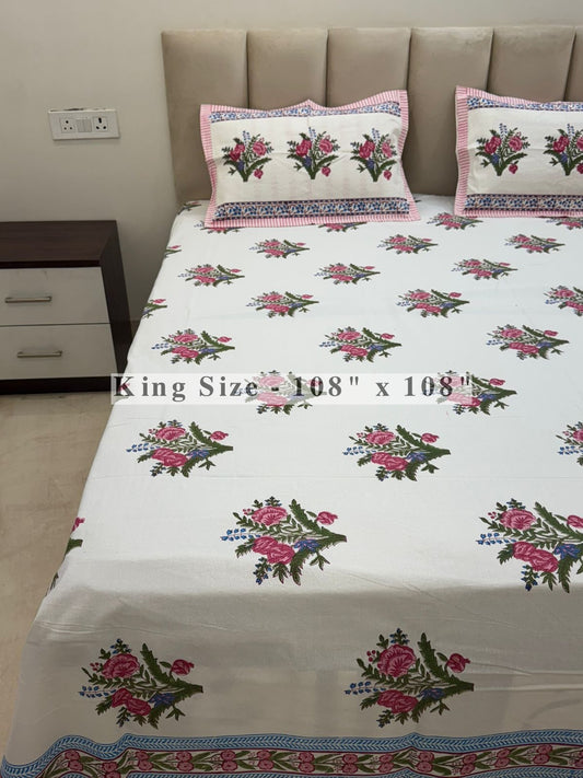 Pink Bouquet King Bedsheet with Pillow Covers