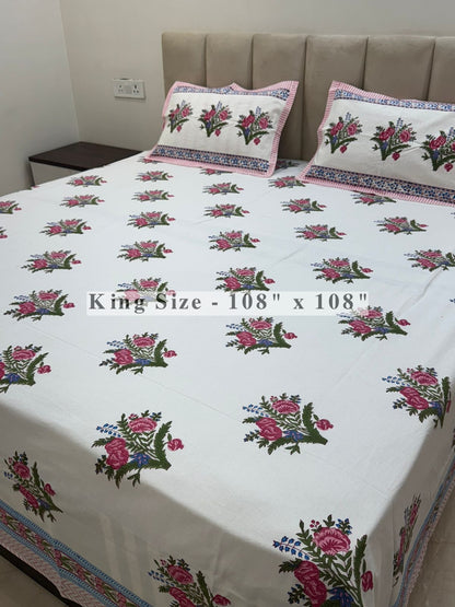 Pink Bouquet King Bedsheet with Pillow Covers