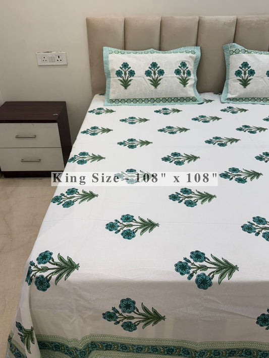 Teal Green Boota King Bedsheet with Pillow Covers
