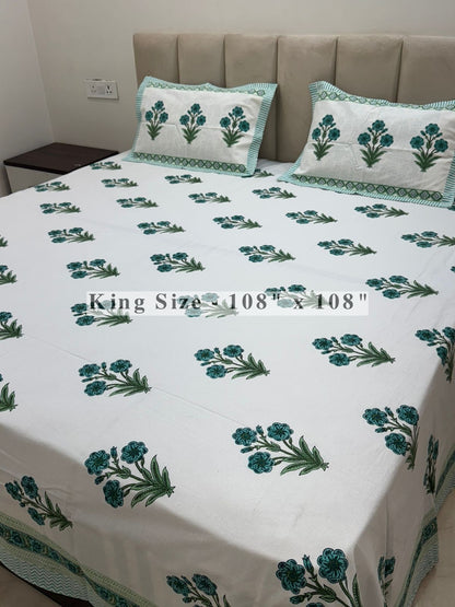 Teal Green Boota King Bedsheet with Pillow Covers