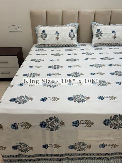 Blue Shahi Gul King Bedsheet with Pillow Covers