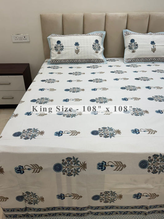 Blue Shahi Gul King Bedsheet with Pillow Covers