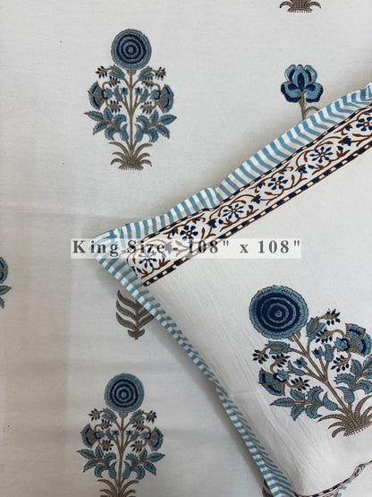 Blue Shahi Gul King Bedsheet with Pillow Covers