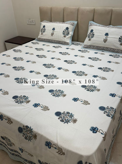 Blue Shahi Gul King Bedsheet with Pillow Covers