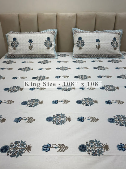 Blue Shahi Gul King Bedsheet with Pillow Covers