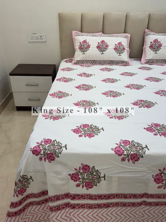 Gulabi Hibiscus King Bedsheet with Pillow Covers
